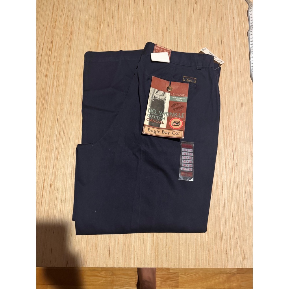 Bugle Boy Co Mens 36x30 Navy Blue Chinos Double Pleated No Wrinkle Cotton 44